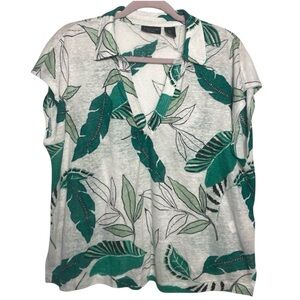 Tahari 100% Linen Leaf Print Top Size Large Resortwear Tropical Island Girl